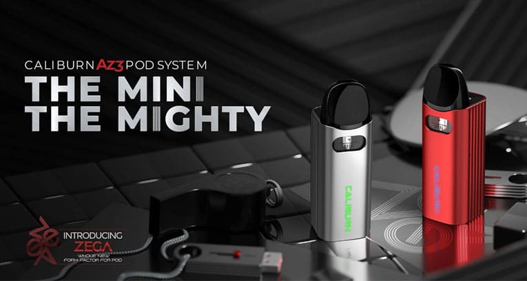 Banner image showing two Caliburn AZ3 pod kits next to items including a whistle and USB key to highlight the small and compact size of the device.