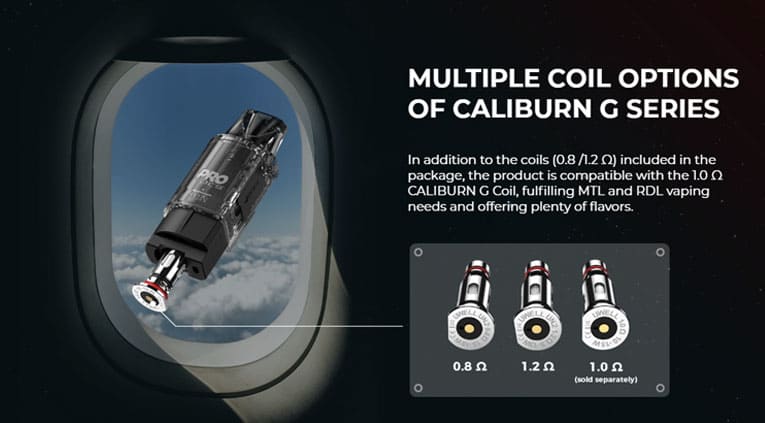 Iron Fist L pod with Caliburn G coil being inserted, with text highlighting that the device is compatible with the Caliburn G coil series.