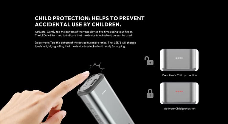 Finger tapping bottom of device to highlight child protection lock.