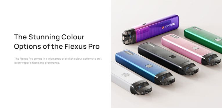 Collection of all colour designs available for the Flexus Pro vape kit laid down in a line on a white background.