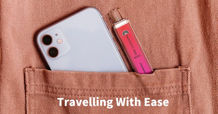 Device inside a pocket next to a phone with text stating Travelling With Ease.