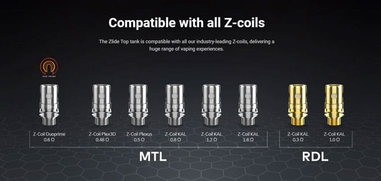 The Zlide tank on the Coolfire Z60 is compatible with the Zenith coil series.