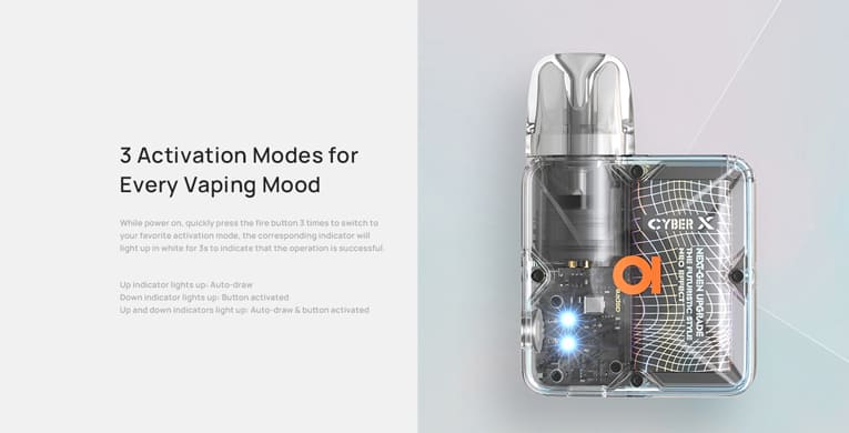 Diagram highlighting there are 3 activation modes available on the Cyber X Pod Kit