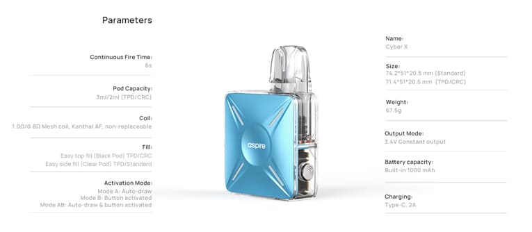 Cyber X pod kit with list of specifications of the device and pod