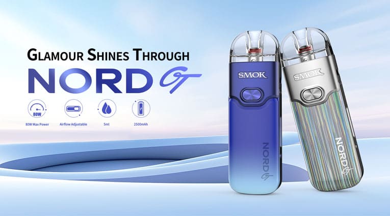 Description banner for Nord GT vape kit. 80W max output, adjustable airflow and 2500mAh battery.