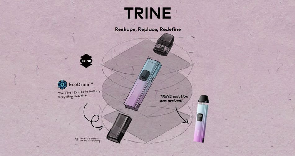 Concept art drawing of Innokin Trine vape kit highlighting the replaceable battery, device and compatible pods.