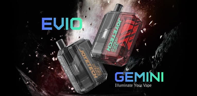 Black and red device floating in the forefront of exploding rock with title and tagline, Evio Gemini, illuminate your vape.