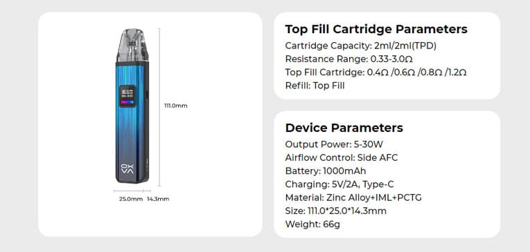 Device stood up with list of specifications of the vape kit.