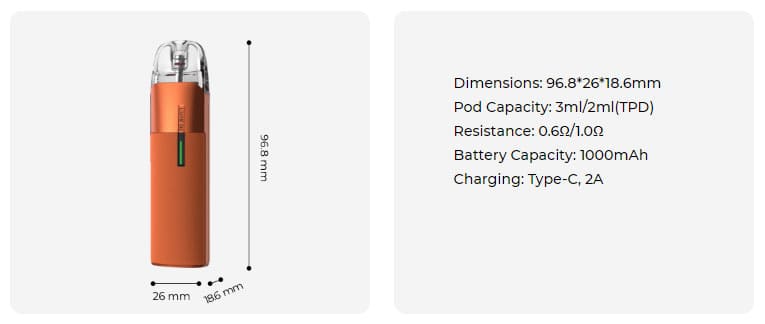 Device specifications of Luxe Q2 pod kit.