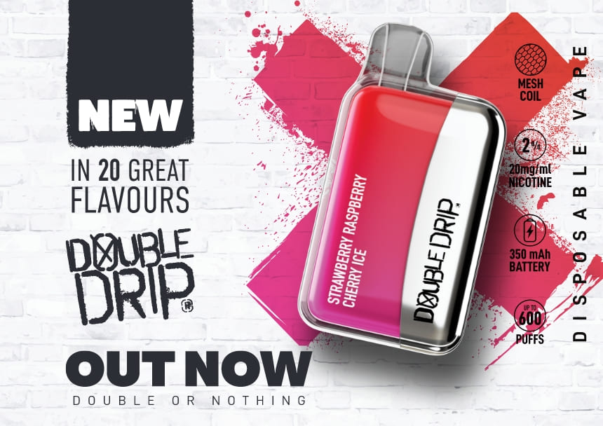 20 Great flavours available with the Double Drip disposable vape, each built with a mesh coil design and 2ml e-liquid to provide up to 600 puffs.