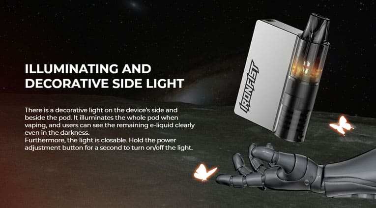 Metallic Silver device above an iron fist hand. Pod shows a warm orange light with glowing butterflies flying around the device. Text aligned to left has title "illuminating and decorative side light", with lower text explaining the device lights up to allow visibility to the e-liquid level in dark conditions.