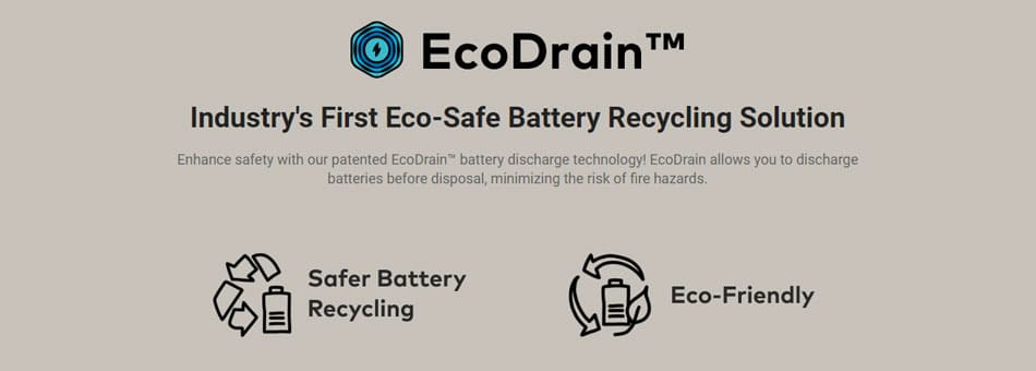 Banner image for EcoDrain technology with text stating it is the industry's first eco-safe battery recycling solution.