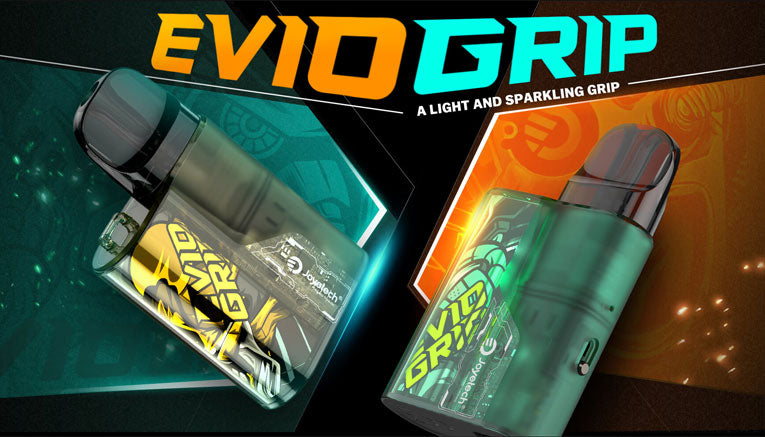 Banner for description of Joyetech Evio Grip Kit with two devices side by side and title: "Evio Grip, a light and sparkling grip".