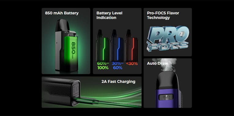 Tiled images showing the 850mAh battery, 2A fast charging, auto draw, Pro-FOCS flavour technology and battery level indication of the Caliburn GZ2 vape kit.