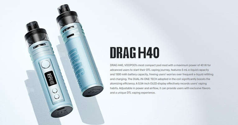 Both sides of the Drag H40 vape kit on show with text providing a brief overview of the device.