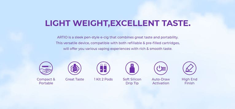 List of Artio features including silicon drip tip, auto draw, compact and portable design.