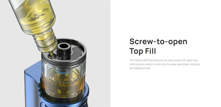 Banner showing Flexus AIO device being filled with e-liquid. Text highlights "screw to open top fill".