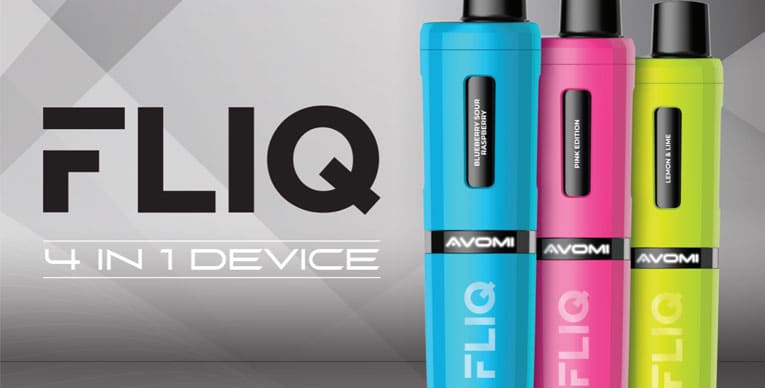 Three Avomi Fliq vape kits stood next to the word Fliq in a bold font.