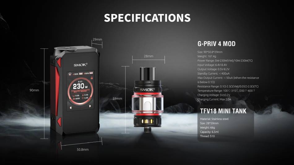 G-Priv 4 Device and TFV18 Mini Tank Specifications