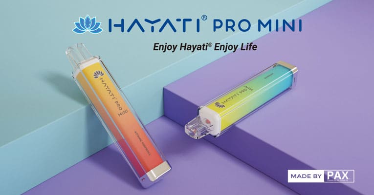 Main description banner for Hayati Mini Disposable. Two devices on coloured platforms with the text stating Enjoy Hayati, Enjoy Life.