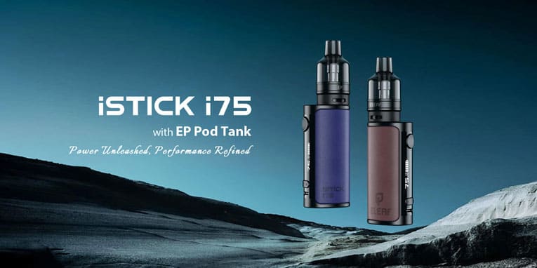 Description banner image showing a blue and brown iStick i75 vape kit next to each other with the text "power unleashed, performance refined".