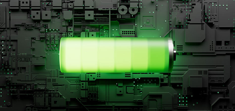 Bright green battery glowing and a dark grey circuit board background.