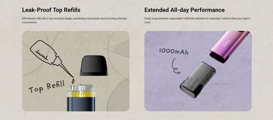 Split image with left side showing pod being filled with e-liquid and text stating leak-proof top refills. Right side shows replaceable battery being inserted into the Trine device to highlight extended all-day performance.