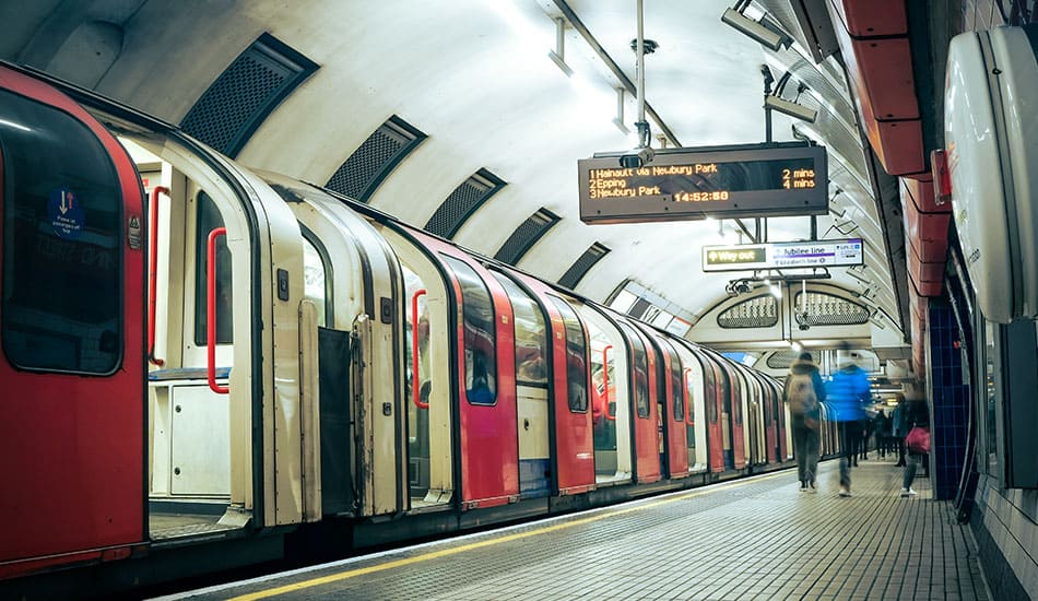 Tube stopped at London Underground stop.