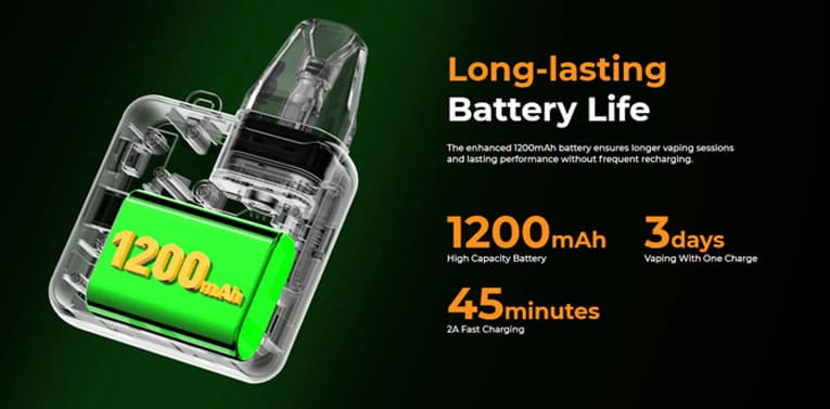Long lasting 1200mAh built-in battery provides up to 3 days vaping on a single charge that can be recharged within 45 minutes with 2A fast charging.
