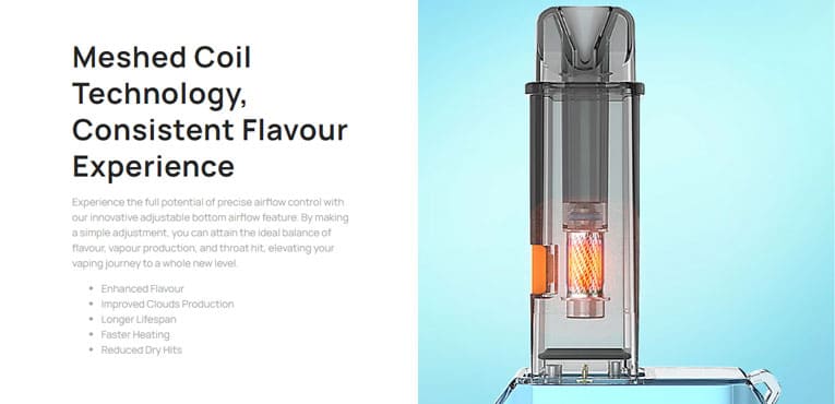 Close up of Gotek X pod with a heated coil to demonstrate meshed coil technology for consistent flavour.