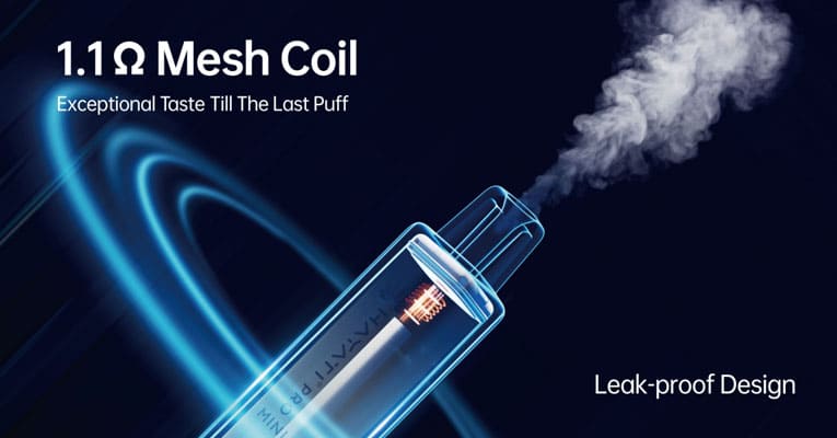Transparent device showing coil inside whilst being vaped. Text highlights 1.1 ohm mesh coil to provide exceptional taste till the last puff, alongside a leak-proof design.