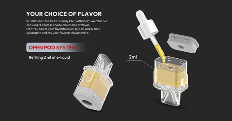 Prefilled pod next to empty pod being filled with e-liquid to showcase the choice between the two types of Olit Lens pod.