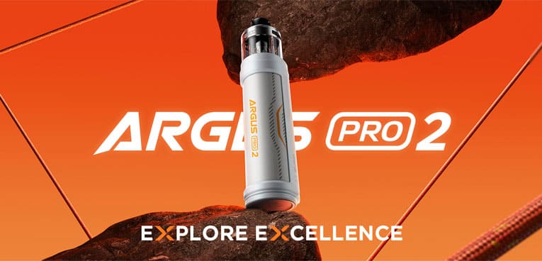 Product description banner of Argus Pro 2 vape kit with device stood on a rock with the title, explore excellence.