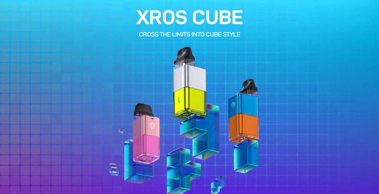 Description banner showing multiple Xros Cube vape kits floating on a blue and purple gradient background. Bold title says Xros Cube, cross the limits into cube style.