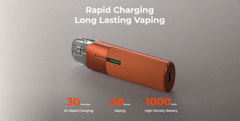 Rapid charging and long lasting high density 1000mAh battery inside the Luxe Q2 device can be charged within 30 minutes to provide up to 48 hours vaping.