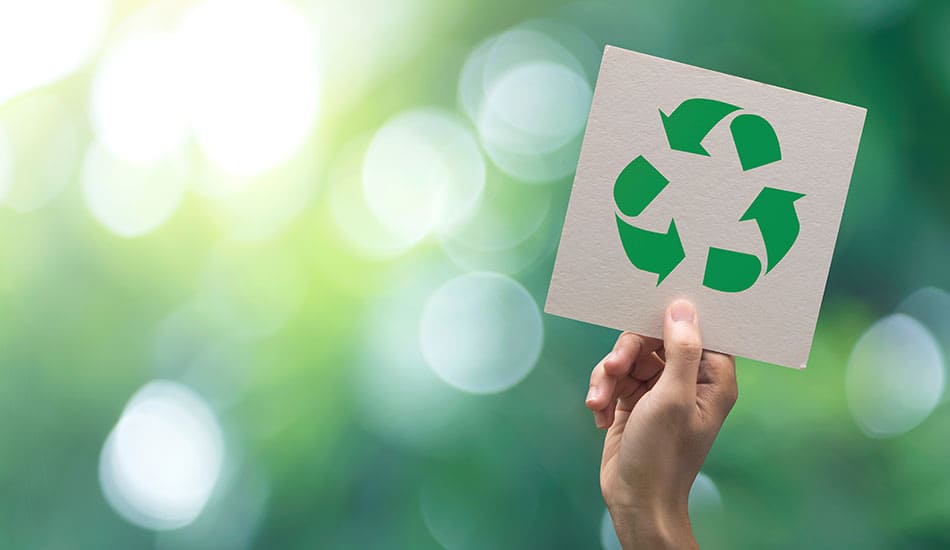 Hand holding up a piece of cardboard with the recycle symbol against a green background.