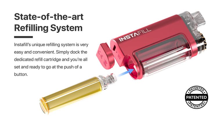 State of the art refilling system in the Instafill vape kit allows for e-liquid to be transferred directly from the bottle into the pod.