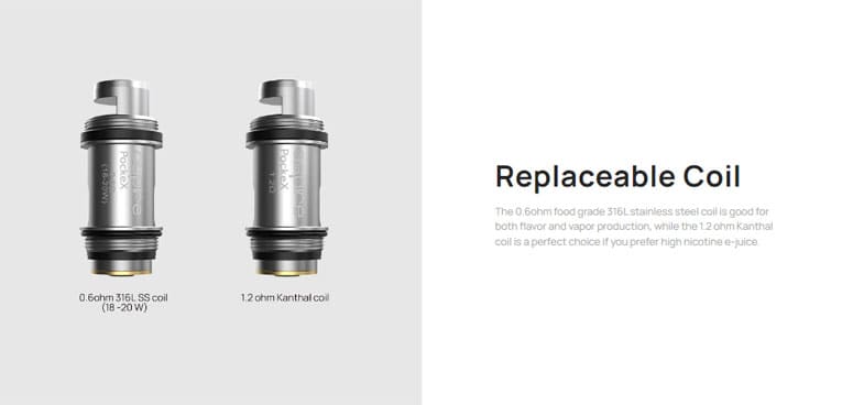PockeX replacement coils available for vape kit include 0.6ohm and 1.2ohm resistance.