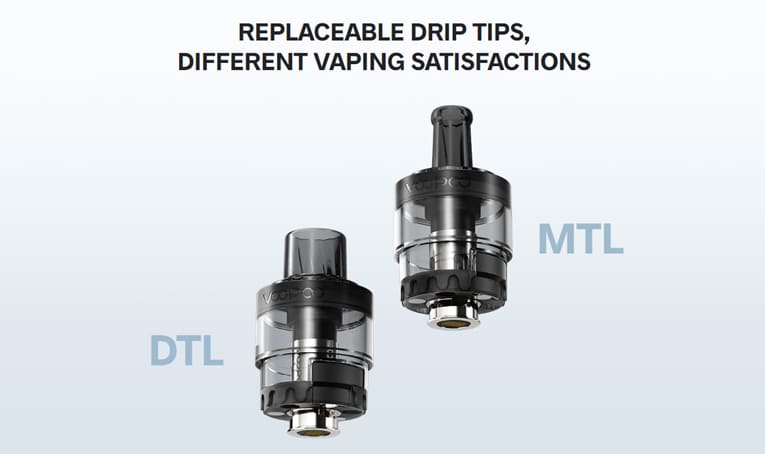 Image of two PnP pods, one with a standard Direct To Lung drip tip, with the other having a Mouth To Lung drip tip. Image highlights the replaceable drip tips available.