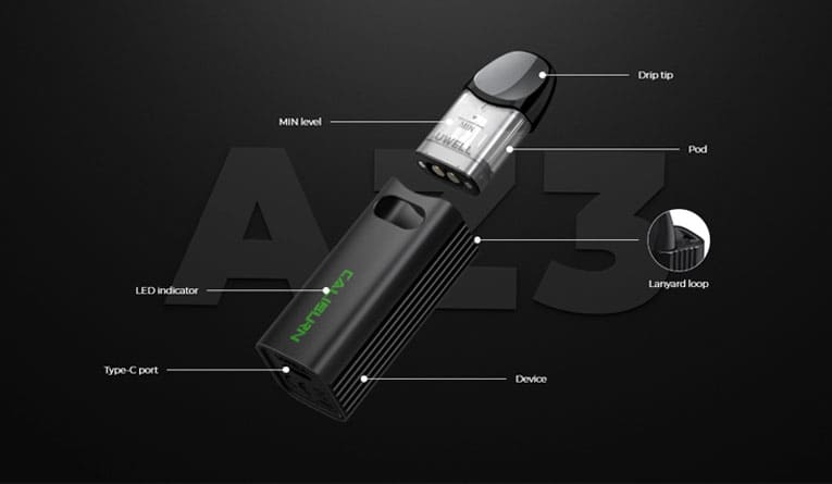 Device components separated to highlight the individual specifications of the AZ3 pod kit by Uwell.
