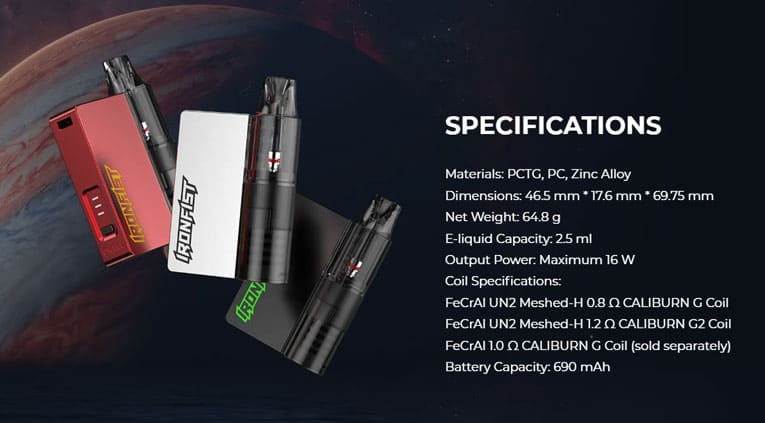 All three colours of the Iron Fist L available together, with right aligned text outlining the specifications of the vape kit.