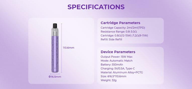 Specification sheet for Oxva Artio pod kit.