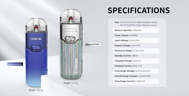 Specifications of the Nord GT vape kit.