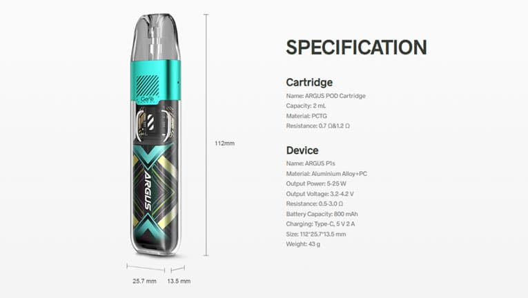 Specification overview of Argus P1s vape kit.