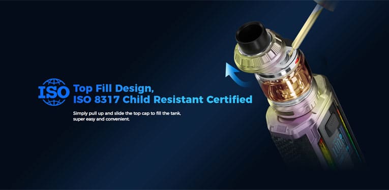 Top-fill design with ISO 8317 child resistant certification.