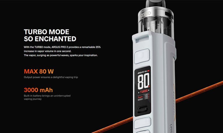 Turbo mode enhances flavour and vapour production on the Argus Pro 2.