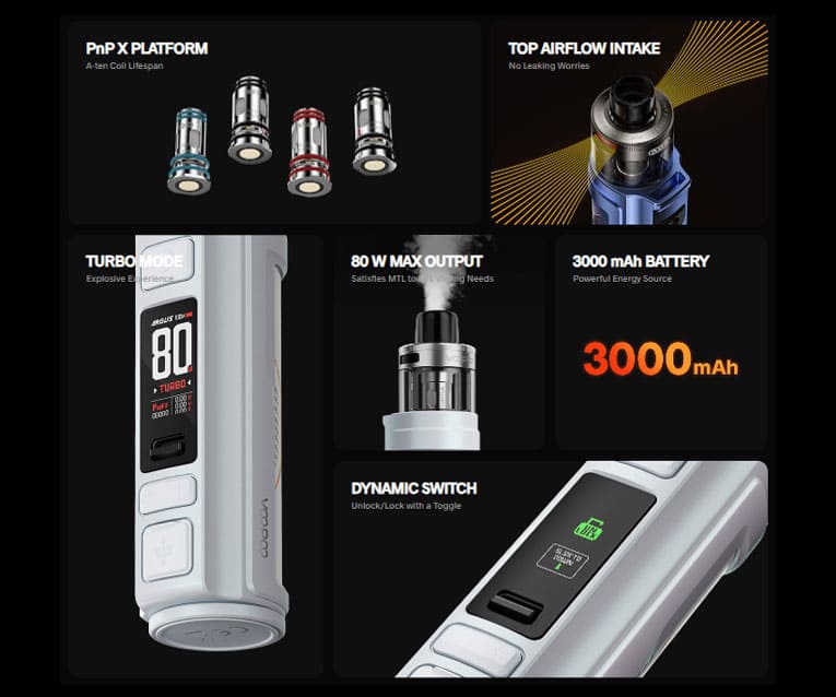 Core specifications of the Argus Pro 2 vape kit showing PnP X coil compatibility, 80w maximum output, 3000mAh battery and top airflow intake.