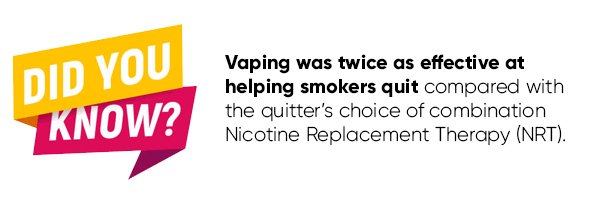 Vaping was twice as effective at helping smokers quit compared with the quitter's choice of combination Nicotine Replacement Therapy (NRT).