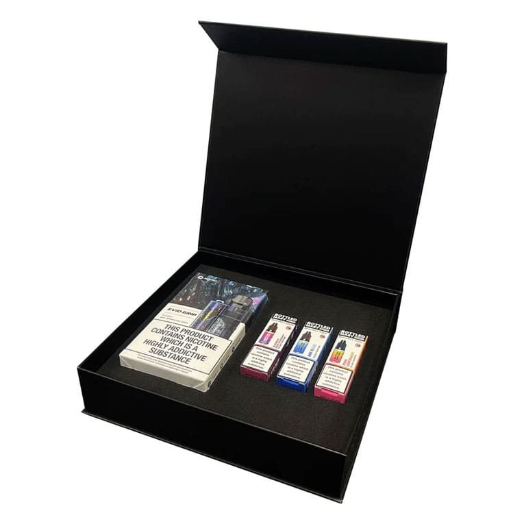 Joyetech Evio Grip kit and three Bottled Mary e-liquids displayed in presentation box.