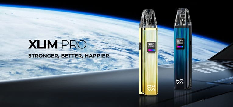 Main banner image showing golden and blue Xlim Pro devices on a spacecraft wing with the slogan "Xlim Pro, stronger, better, happier."